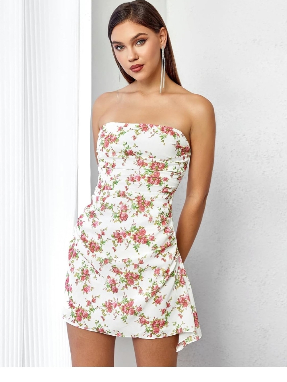 Amazon Strapless White Mini Dress with Pink Floral Print